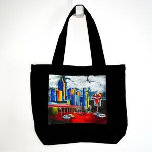 Atlanta Theme Black Reusable Zipper Tote Bag with Cityscape Design